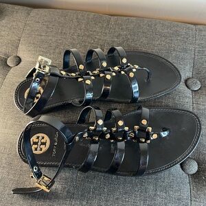 Tory Burch Black gladiator Sandals with Gold Studs